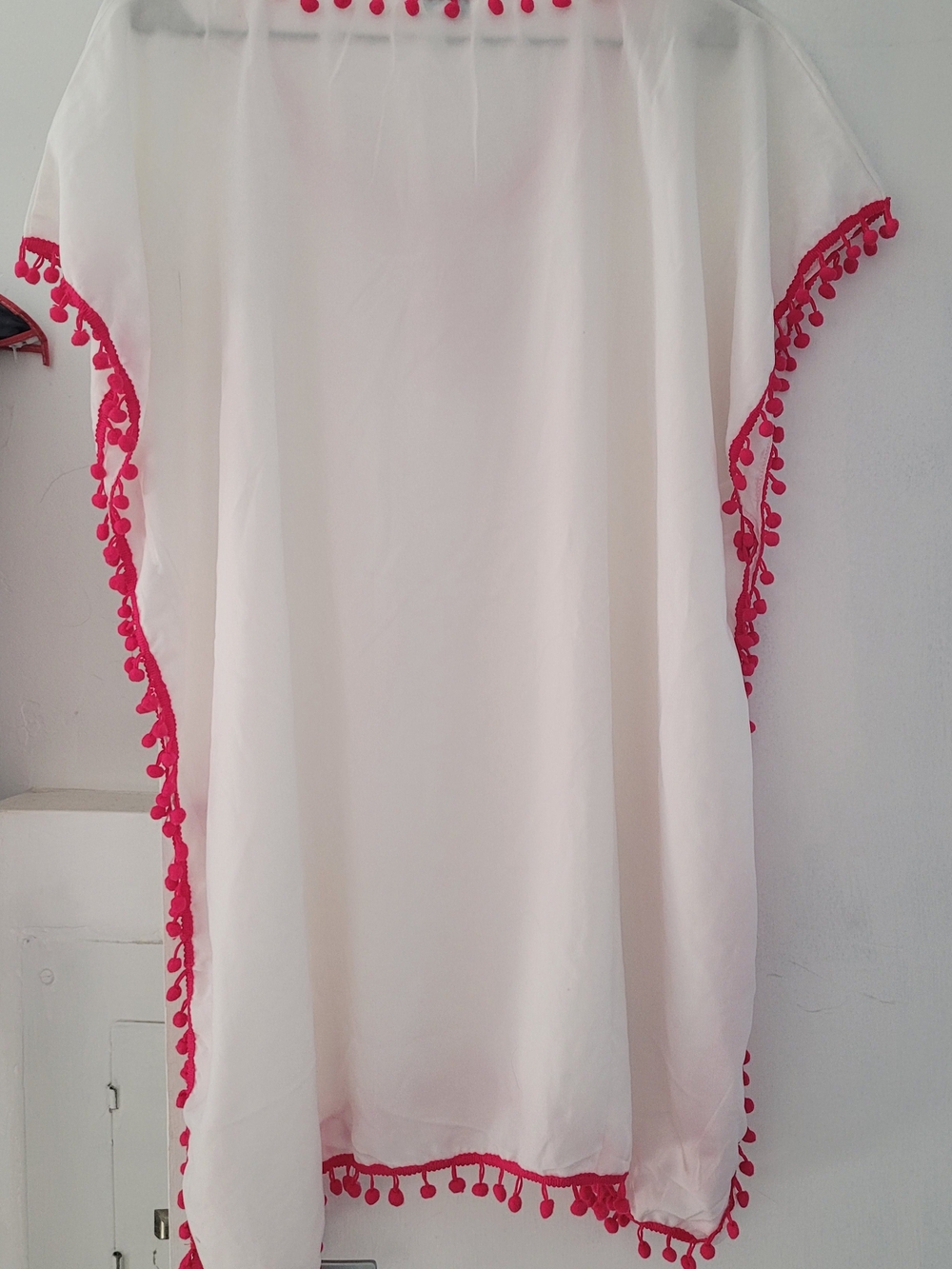 White Sheer Cover Up With Pink Pom-Pom Trim - Picture 3 of 3